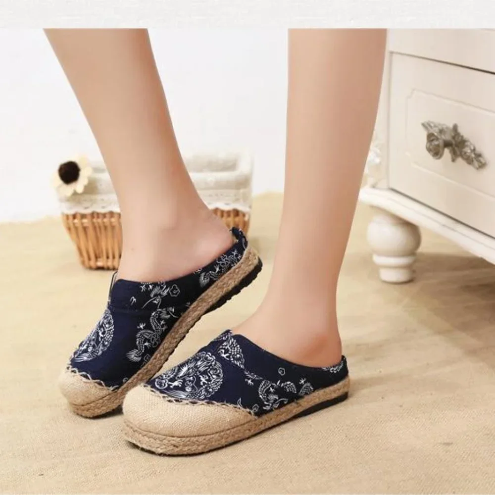 Old Beijing Navy Boho Print Canvas Espadrilles EUC sz 6